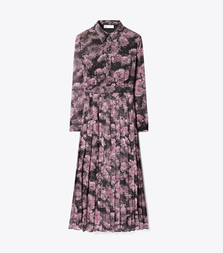 Tory Burch designer robes Robe plissée en soie imprimée in Pink Pixel Floral front