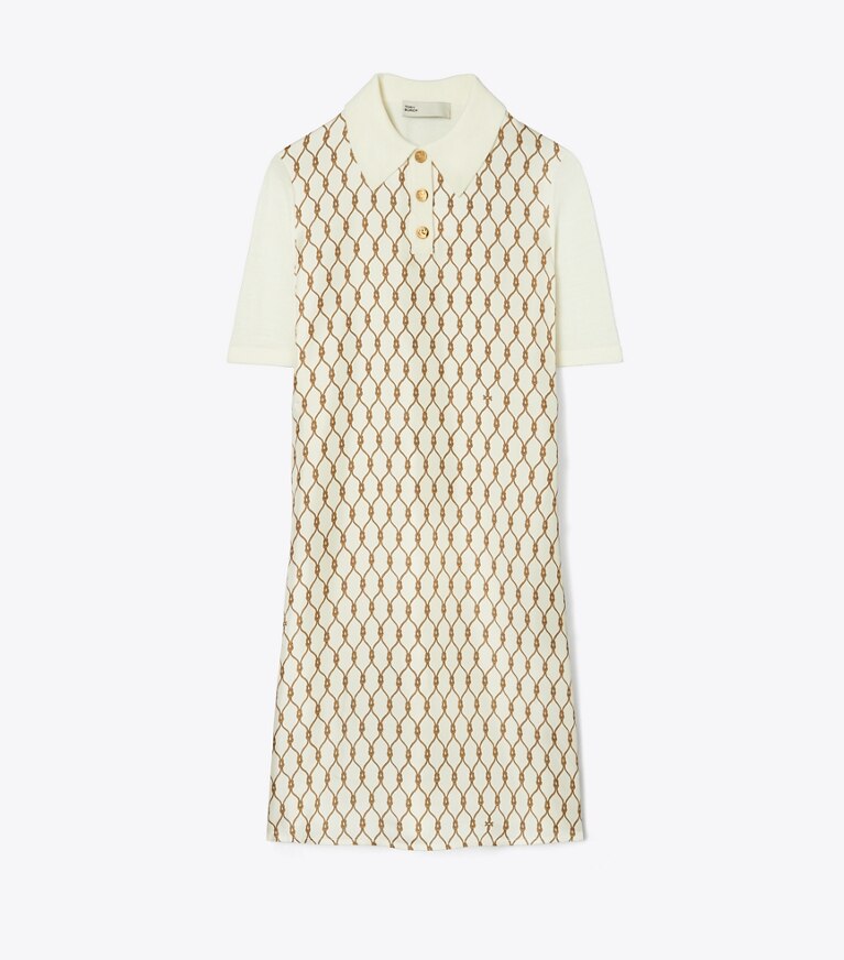 Tory Burch designer robes Robe polo à empiècement en soie in NEW IVORY / Brown Rope front