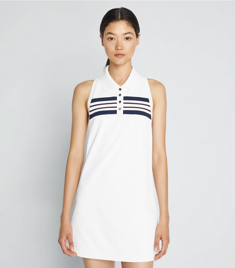 Tory Sport designer robes Robe polo débardeur en tissu piqué in Snow White / Tory Navy / Winetasting on model detail