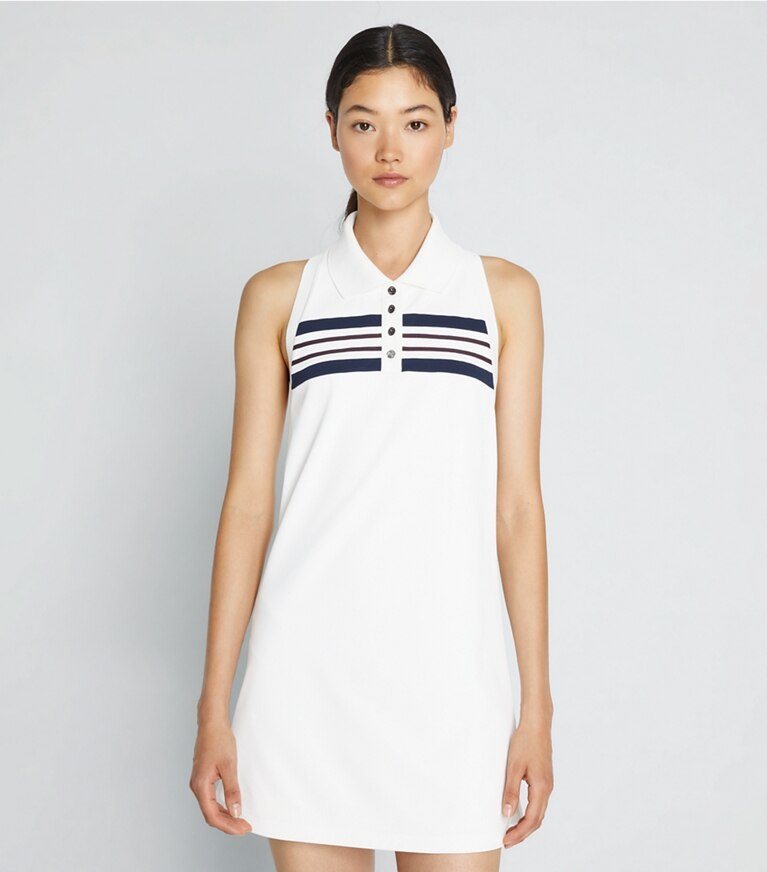 Tory Sport designer robes Robe polo débardeur en tissu piqué in Snow White / Tory Navy / Winetasting front