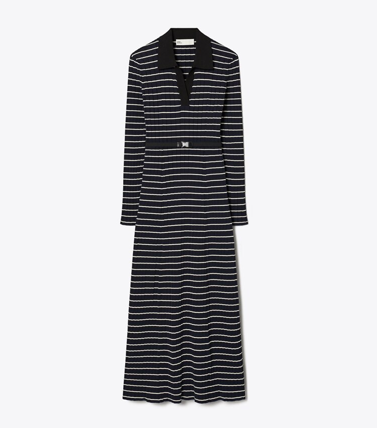 Tory Burch designer robes Robe polo en maille de coton dans Navy Classic Stripe de face