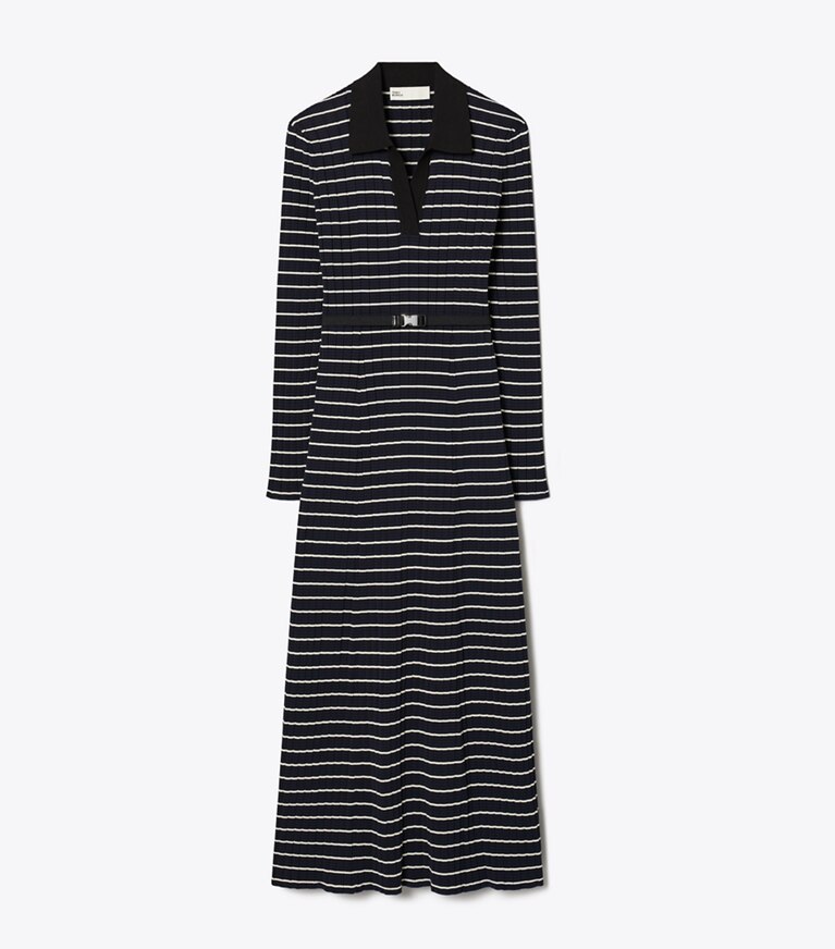 Tory Burch designer robes Robe polo en maille de coton dans Navy Classic Stripe de face