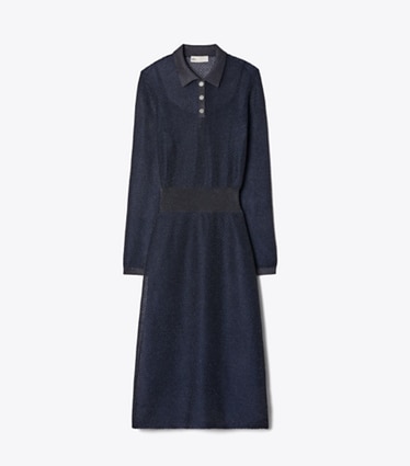 Tory Burch designer robes Robe polo métallisée in Black / Blue Shimmer front