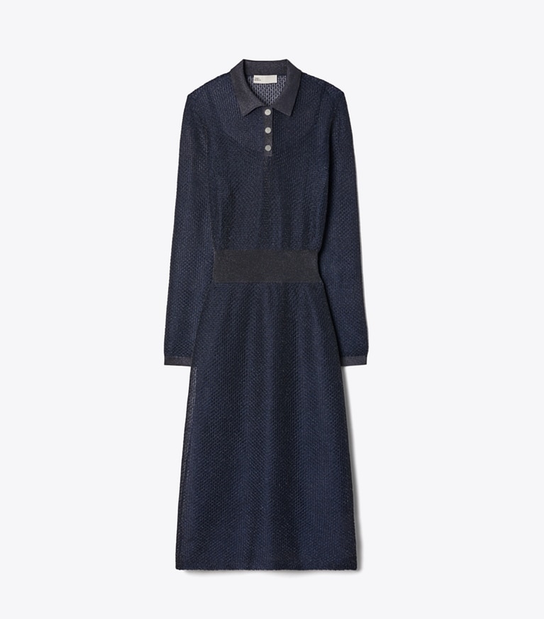 Tory Burch designer robes Robe polo métallisée in Black / Blue Shimmer front