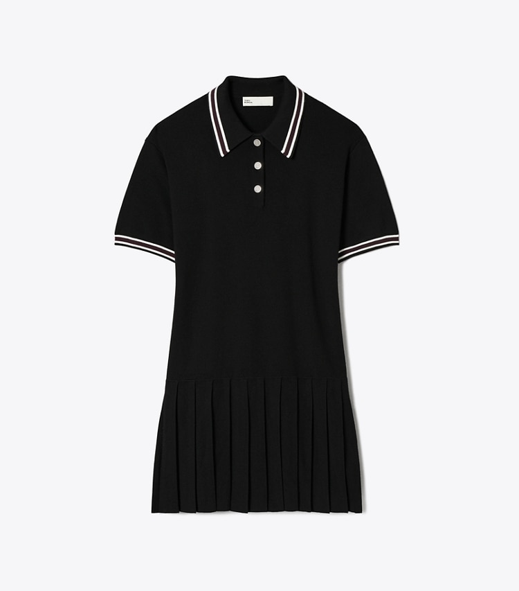 Tory Burch designer robes Robe polo plissée en laine in Black front