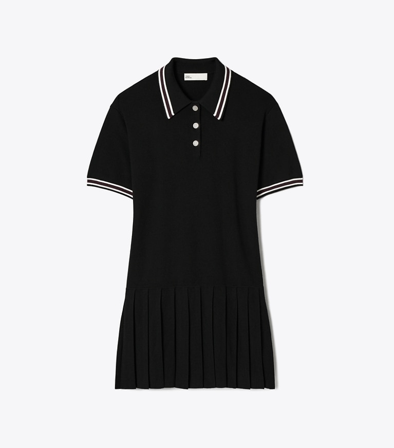 Tory Burch designer robes Robe polo plissée en laine in Black front