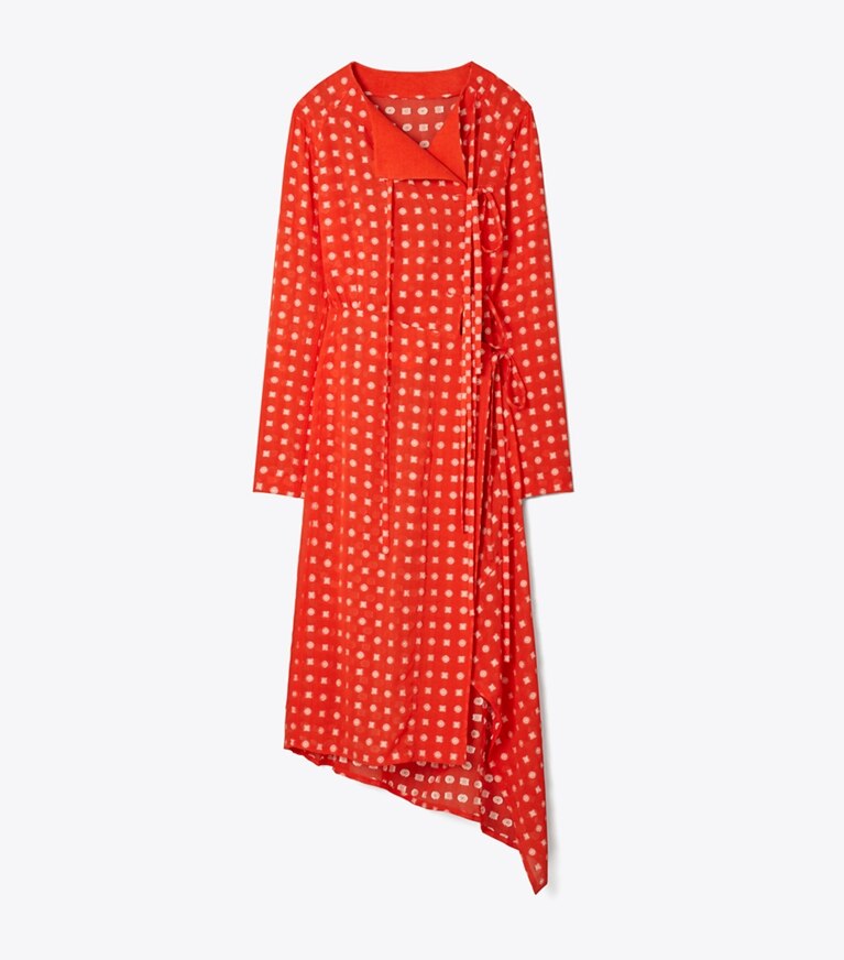 Tory Burch designer robes Robe portefeuille en jacquard in Pepperoncini Nothing Ditsy front
