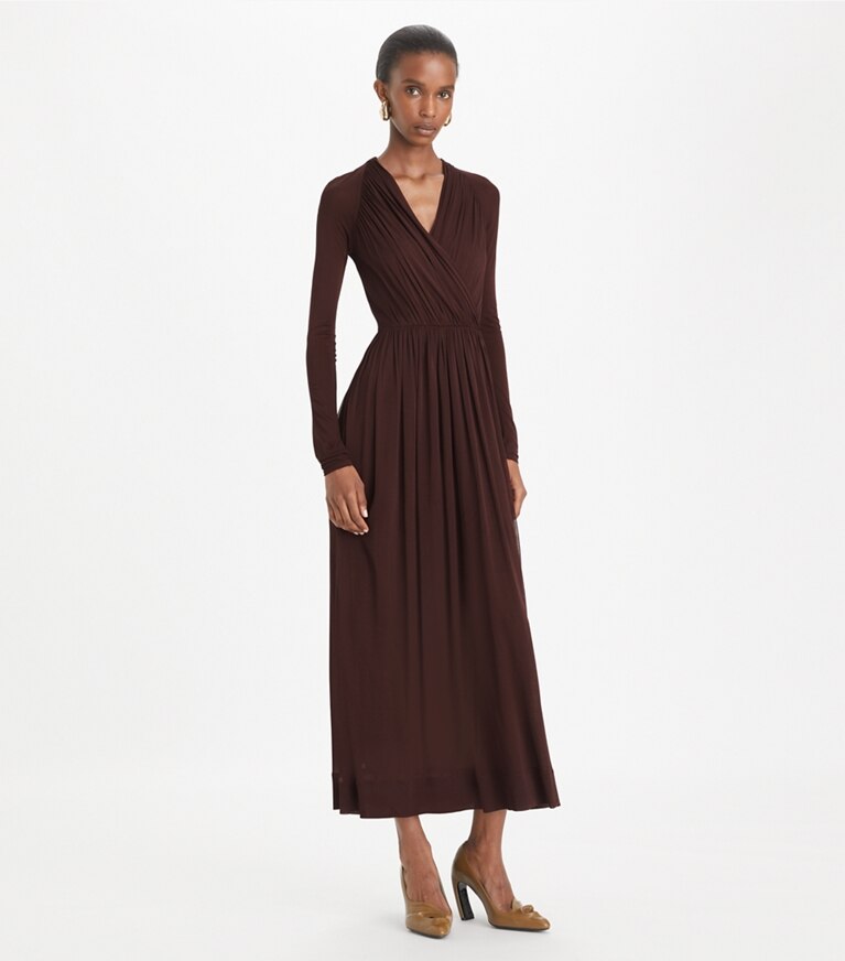 Tory Burch designer robes Robe portefeuille en jersey in Spiced Chocolate front