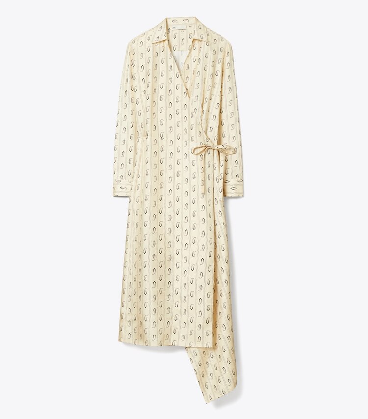 Tory Burch designer robes Robe portefeuille en soie dans Light Sand Paisley de face