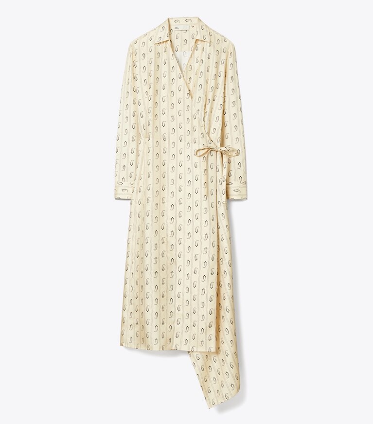 Tory Burch designer robes Robe portefeuille en soie dans Light Sand Paisley de face