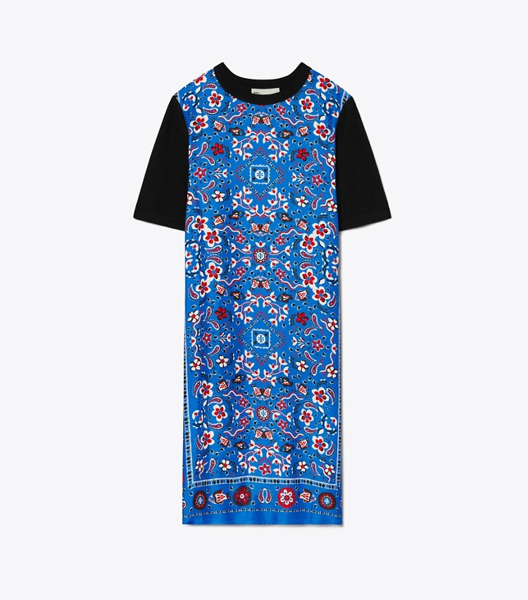 Tory Burch designer robes Robe pull à empiècement en soie in Cobalt Blue Pisces Dream front