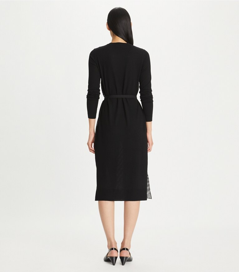 Tory Burch designer robes Robe pull Greer à empiècement en soie in Black / Black Warped Lace front