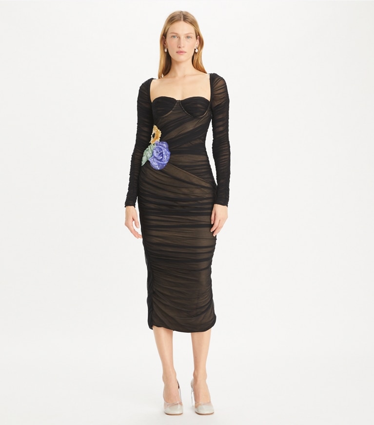 Tory Burch designer robes Robe ruchée en viscose à ornements in Black front