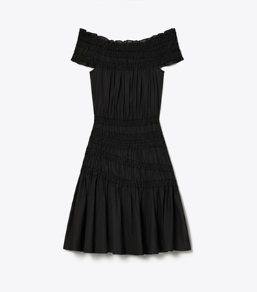 Tory Burch designer robes Robe smockée en coton in Black front