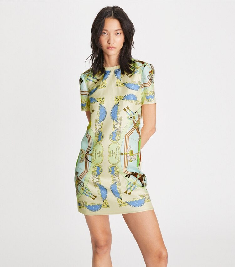 Tory Burch designer robes Robe t-shirt à devant en soie dans Blue Multi détail sur modèle