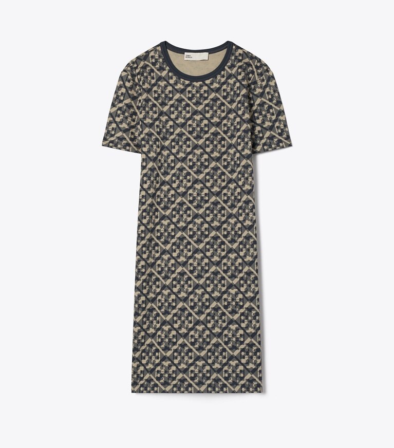 Tory Burch designer robes Robe t-shirt en coton imprimé in Blue Prismatic T Monogram T-Shirt Dress front