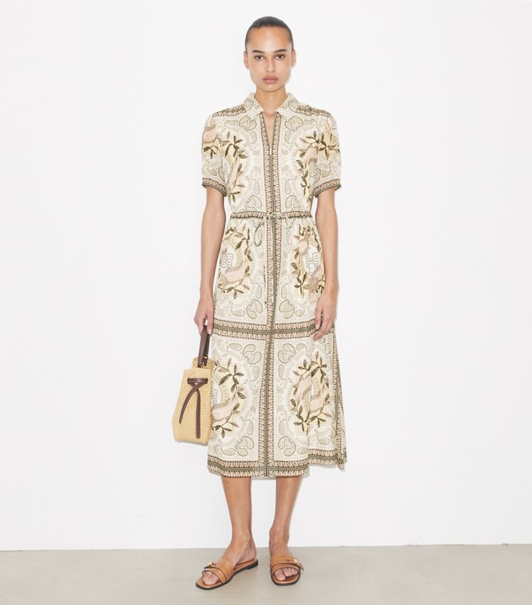 Tory Burch designer paréos Robe zippée cintrée en coton in Pink Cockatoo sur mannequin, devant