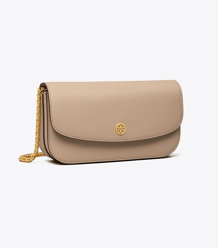 Tory Burch designer mini bags Robinson Chain Wallet in Gray Heron angle