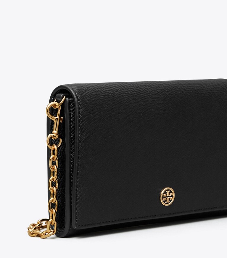 Tory Burch designer mini bags Robinson Chain Wallet in Black/Royal Navy angle