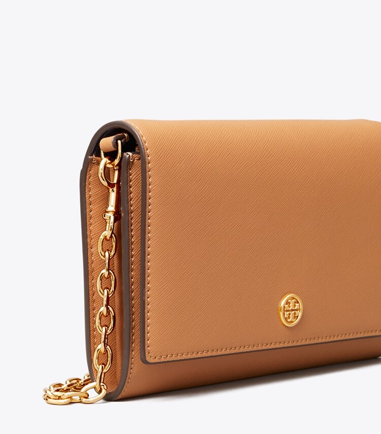 Tory Burch designer mini bags Robinson Chain Wallet in Cardamom/Royal Navy detail