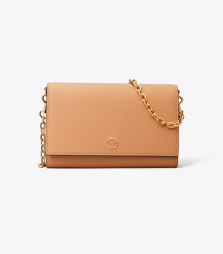 Tory Burch designer mini bags Robinson Chain Wallet in Cardamom/Royal Navy front