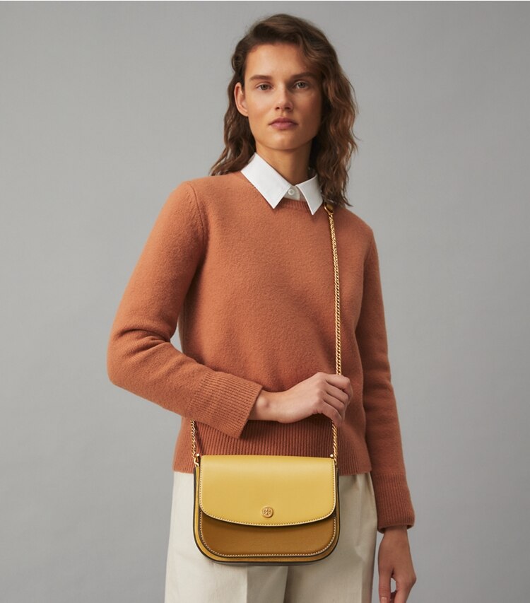 Tory Burch designer shoulder bags Robinson Color-Block Shoulder Bag in BEESWAX / Bistro Brown accessory on model