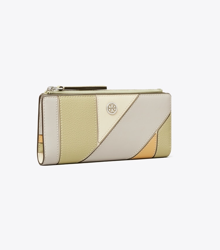 Tory Burch designer wallets Robinson Colorblock Patchwork Zip Slim Wallet in Feather Gray angle