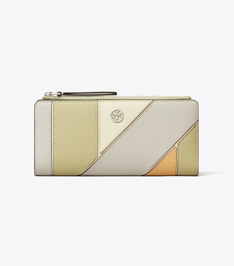 Tory Burch designer wallets Robinson Colorblock Patchwork Zip Slim Wallet in Feather Gray front
