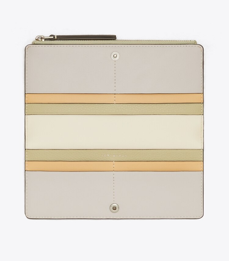 Tory Burch designer wallets Robinson Colorblock Patchwork Zip Slim Wallet in Feather Gray overhead