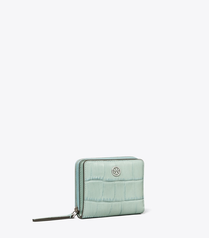 Tory Burch designer wallets Robinson Croc-Embossed Bi-Fold Wallet in Blue Celadon angle