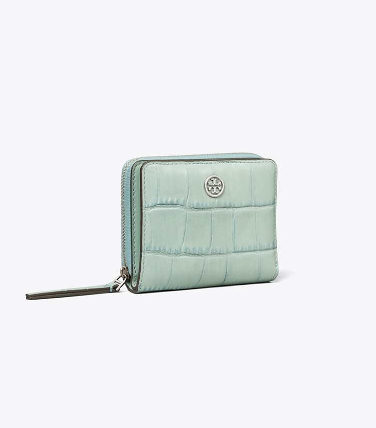 Tory Burch designer wallets Robinson Croc-Embossed Bi-Fold Wallet in Blue Celadon angle