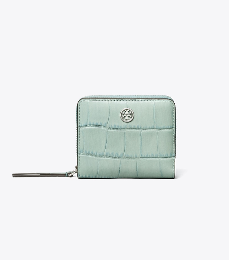 Tory Burch designer wallets Robinson Croc-Embossed Bi-Fold Wallet in Blue Celadon front