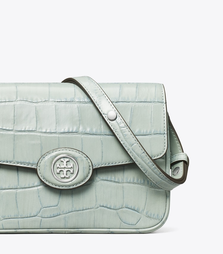 Tory Burch designer shoulder bags Robinson Croc-Embossed Convertible Shoulder Bag in Blue Celadon detail
