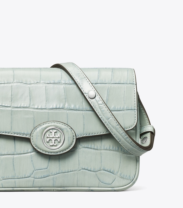 Tory Burch designer shoulder bags Robinson Croc-Embossed Convertible Shoulder Bag in Blue Celadon angle