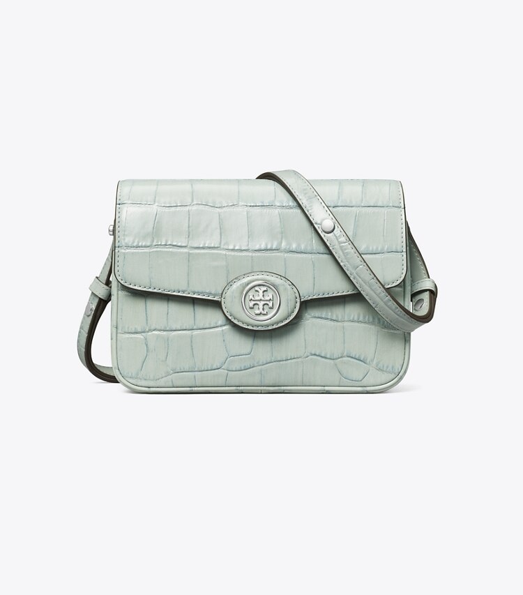 Tory Burch designer shoulder bags Robinson Croc-Embossed Convertible Shoulder Bag in Blue Celadon front