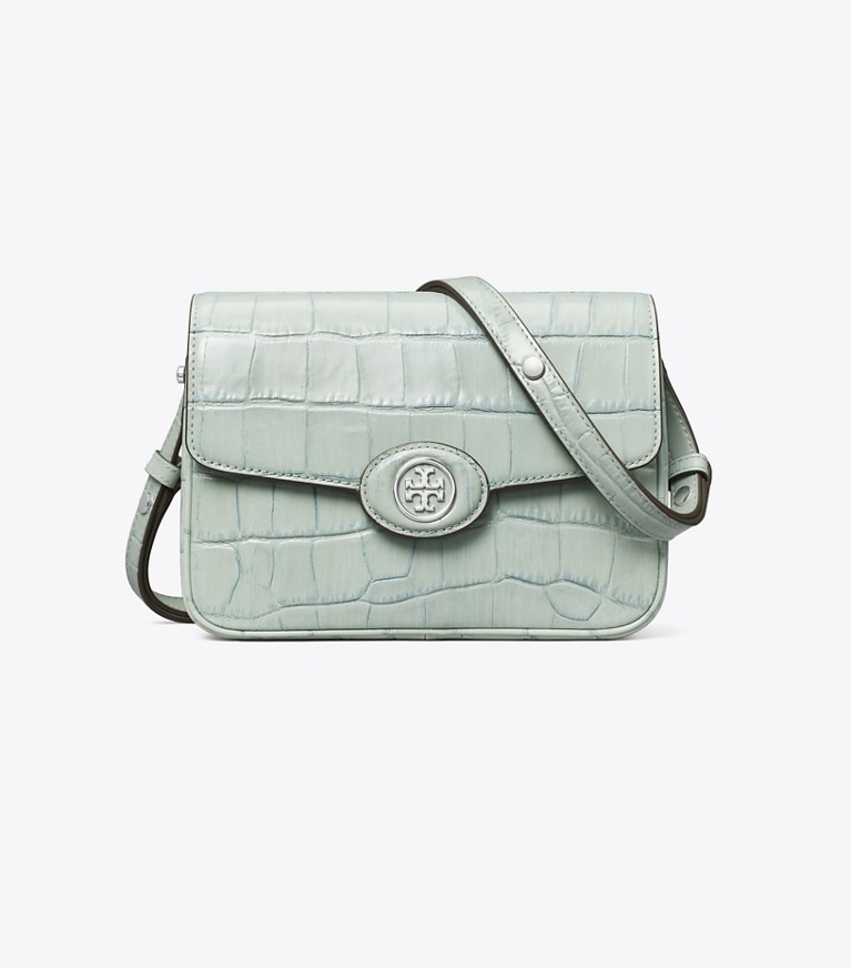 Tory Burch designer shoulder bags Robinson Croc-Embossed Convertible Shoulder Bag in Blue Celadon angle