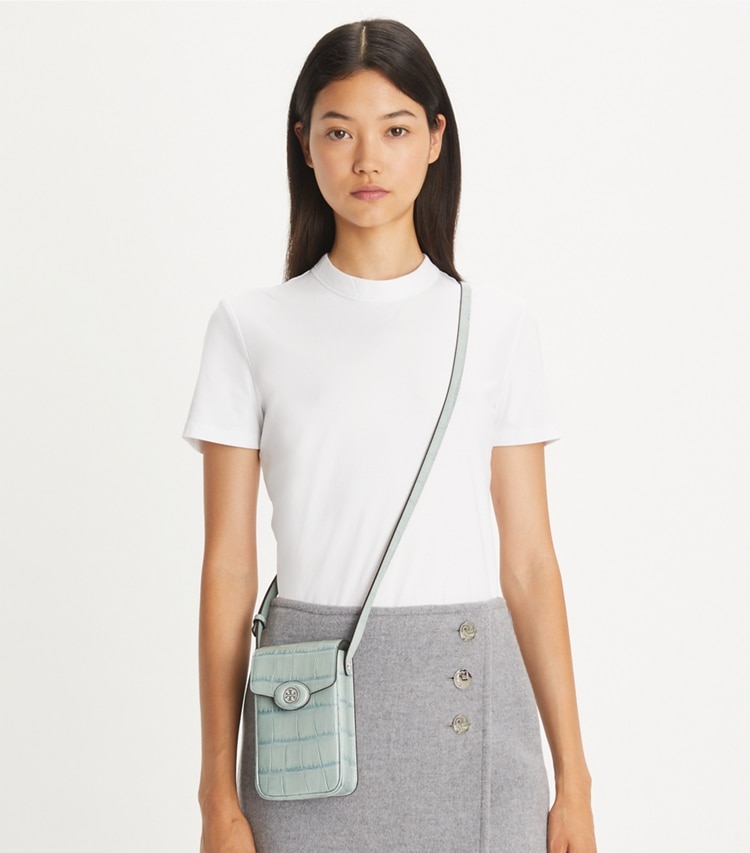 Tory Burch designer mini bags Robinson Croc-Embossed Phone Crossbody in Blue Celadon accessory on model