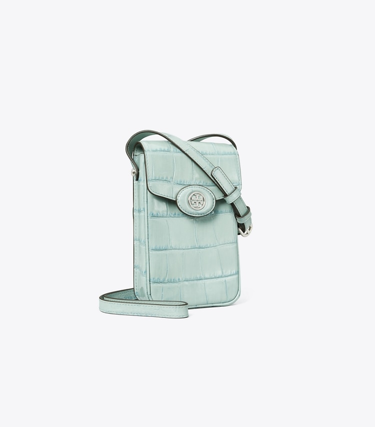 Tory Burch designer mini bags Robinson Croc-Embossed Phone Crossbody in Blue Celadon angle