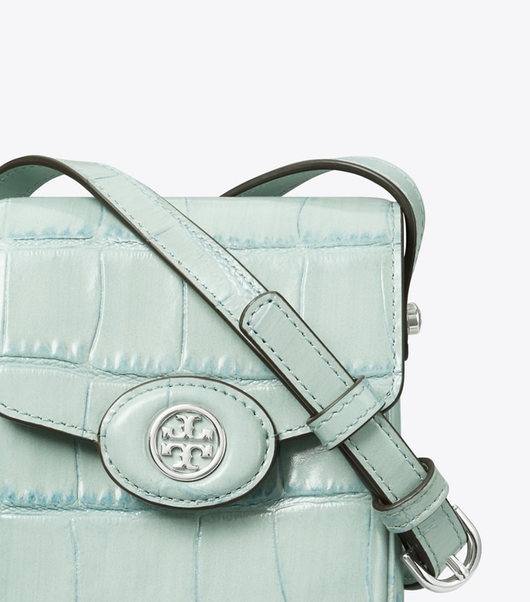Tory Burch designer mini bags Robinson Croc-Embossed Phone Crossbody in Blue Celadon angle