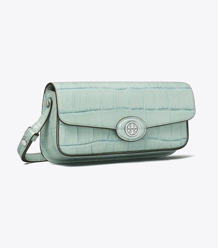 Tory Burch designer ショルダーバッグ ロビンソン クロコエンボス レクタンギュラー ショルダーバッグ in Blue Celadon angle