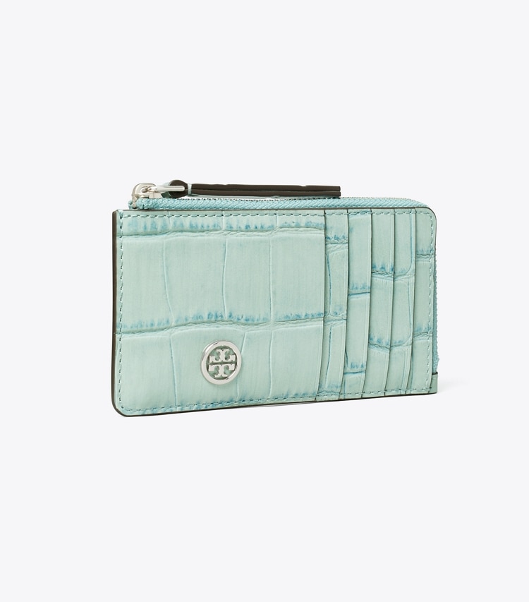 Tory Burch designer card cases Robinson Croc-Embossed Top-Zip Card Case in Blue Celadon angle