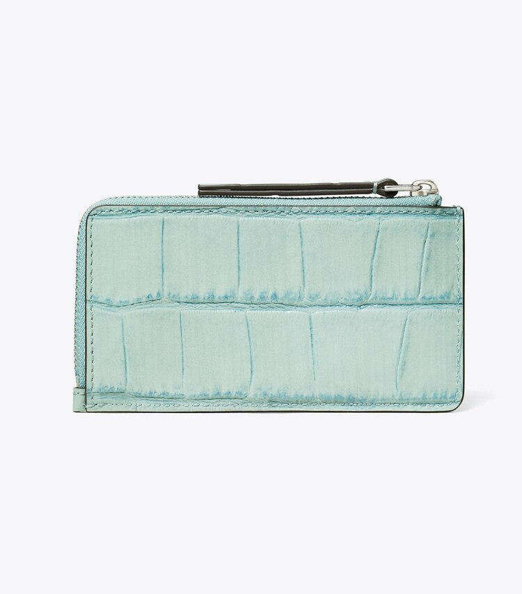 Tory Burch designer card cases Robinson Croc-Embossed Top-Zip Card Case in Blue Celadon back