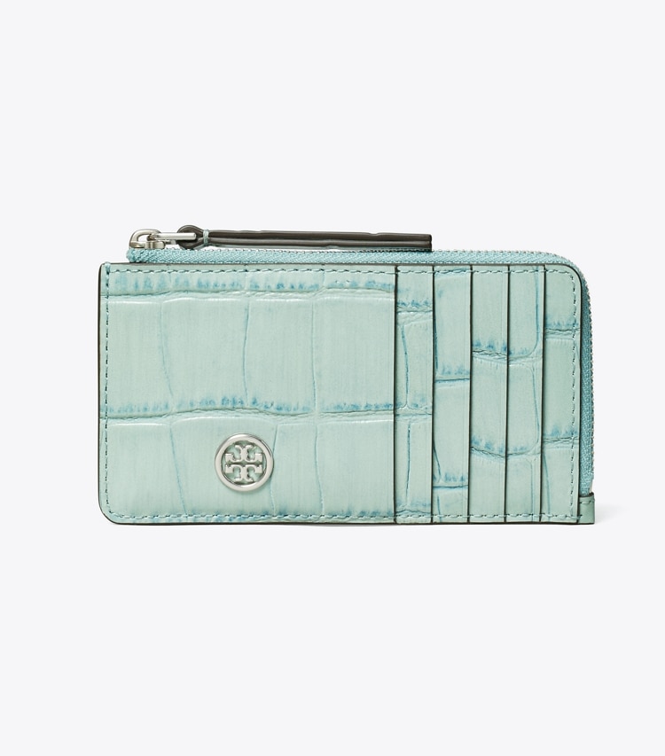 Tory Burch designer card cases Robinson Croc-Embossed Top-Zip Card Case in Blue Celadon front