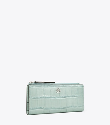 Tory Burch designer wallets Robinson Croc-Embossed Zip Slim Wallet in Blue Celadon angle