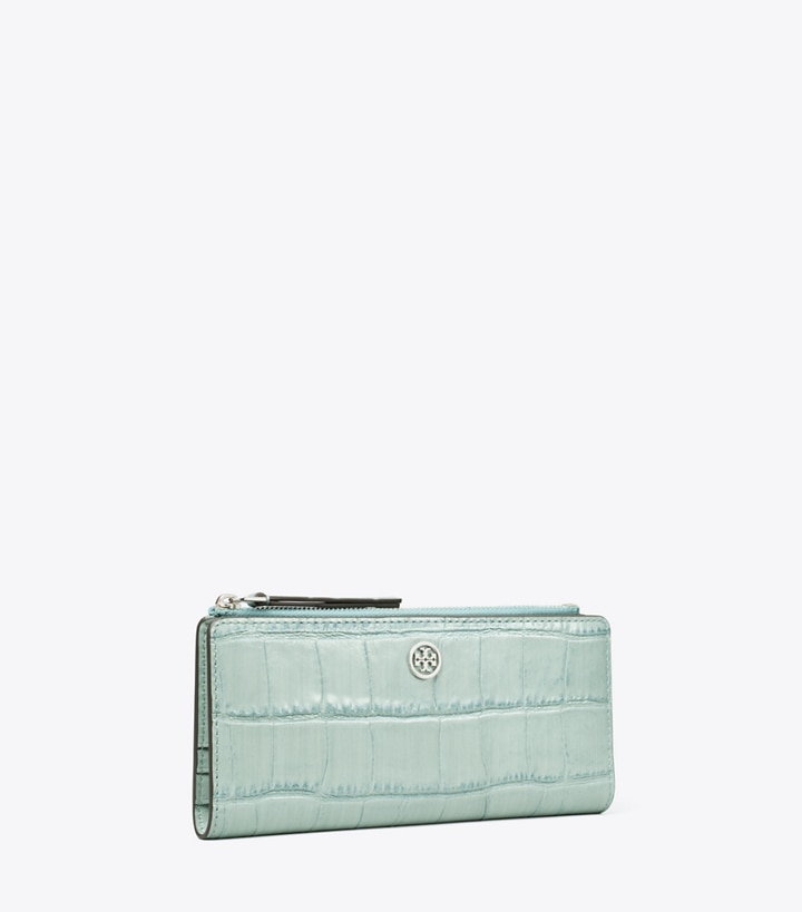 Tory Burch designer wallets Robinson Croc-Embossed Zip Slim Wallet in Blue Celadon angle