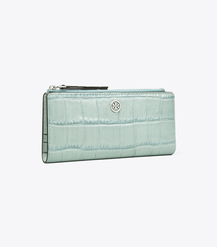 Tory Burch designer wallets Robinson Croc-Embossed Zip Slim Wallet in Blue Celadon angle