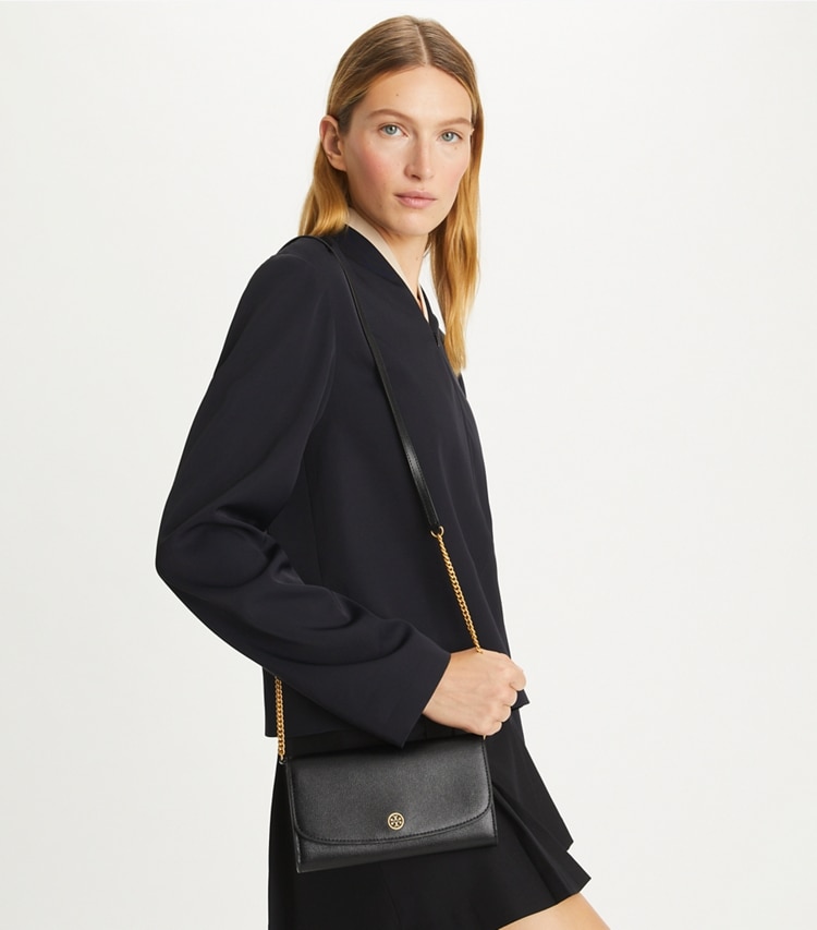 Tory Burch designer mini bags Robinson Crossbody in Black accessory on model