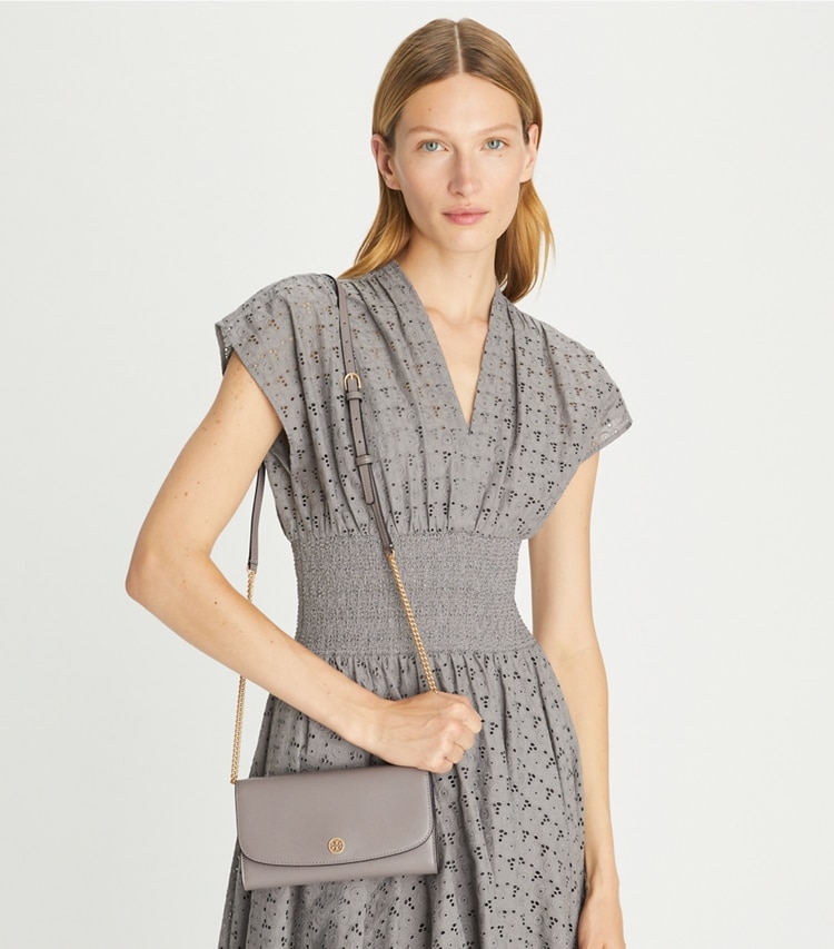 Tory Burch designer mini bags Robinson Crossbody in Gray Heron accessory on model