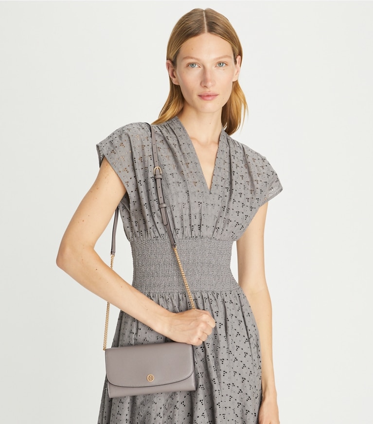 Tory Burch designer mini bags Robinson Crossbody in Gray Heron angle