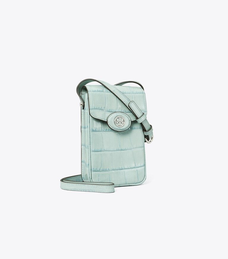 Tory Burch designer kleine taschen Robinson Crossbody Bag fürs Smartphone mit Krokoprägung in Blue Celadon angle